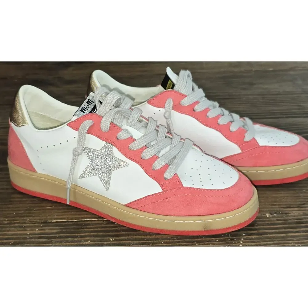 Mimi Women’s Avery Leather Sneaker White/Salmon Pink with Sparkly Star Size 8.5
